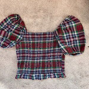 American Eagle Top Size Medium Red Green Plaid Smocked Puff Sleeve Cropped
